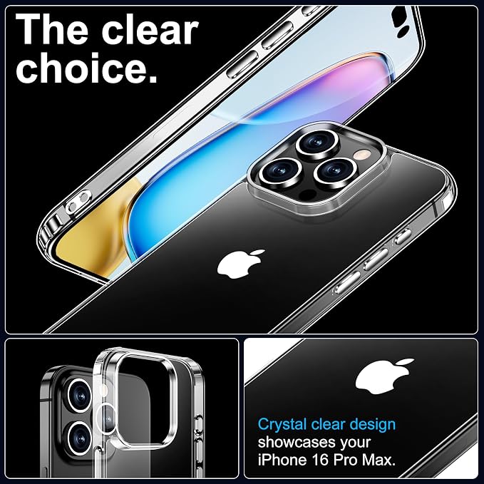 xiwxi for iPhone 16 Pro Max Case,with Screen Protector+Camera Lens Protector,Non-Yellowing,Military-Grade Drop Protection,Perfect Handfeel,Shockproof Bumper,Clear Slim Phone Case-6.9 inch