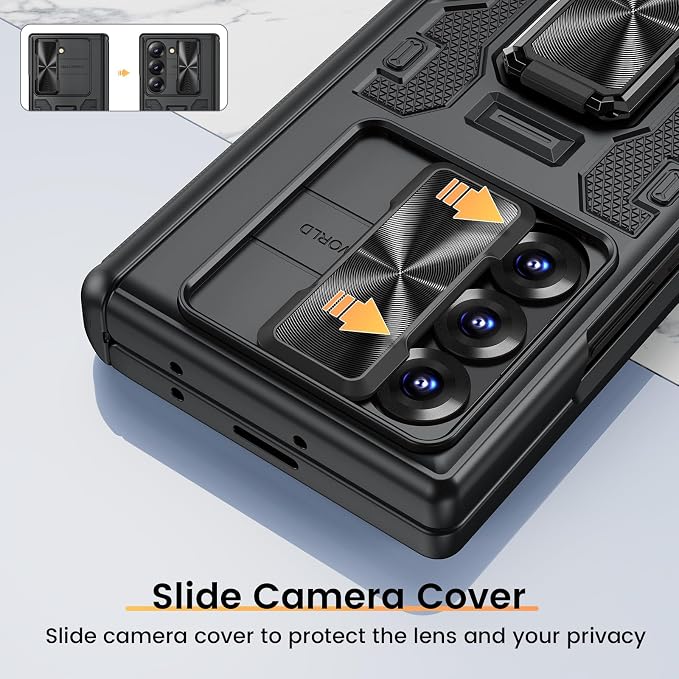 VEGO for Samsung Z Fold 6 Case with Hinge Protection & Kickstand, Black | Full-Body Built-in Privacy Screen Protector Slide Camera Cover - Shockproof Protective Case for Galaxy Z Fold 6 5G 2024