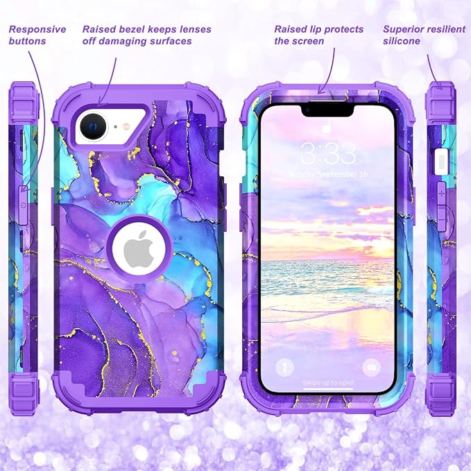 Hocase for iPhone 17e/iPhone 16e Case, Heavy Duty Shockproof Protection Hard Plastic+Silicone Rubber Hybrid Protective Phone Case for iPhone 17e/16e 6.1" - When Purple Meets Blue