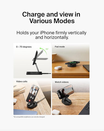Belkin Convertible Magnetic Charging Stand 15W - MagSafe-Compatible Fast Qi2 Charger, iPhone Charger for Apple iPhone 16, 16 Plus, 16 Pro, 16 Pro Max, iPhone 15 & 14, Apple Airpods Pro, & More - Black