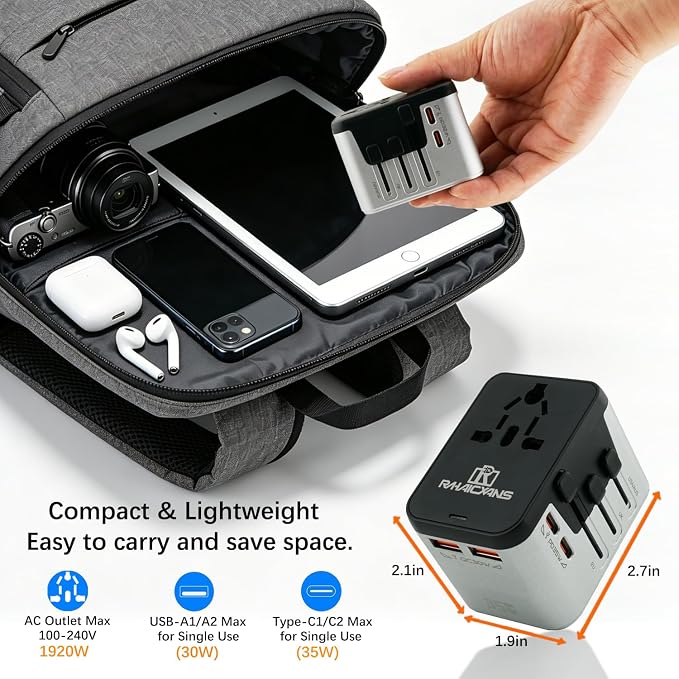 International Power Adapter with 4 Ports (2 USB-C & 2 USB-A) Fast Charging 35W Universal Travel Plug Adapter for USA, Europe, UK, Australia, China & 150+ Countries