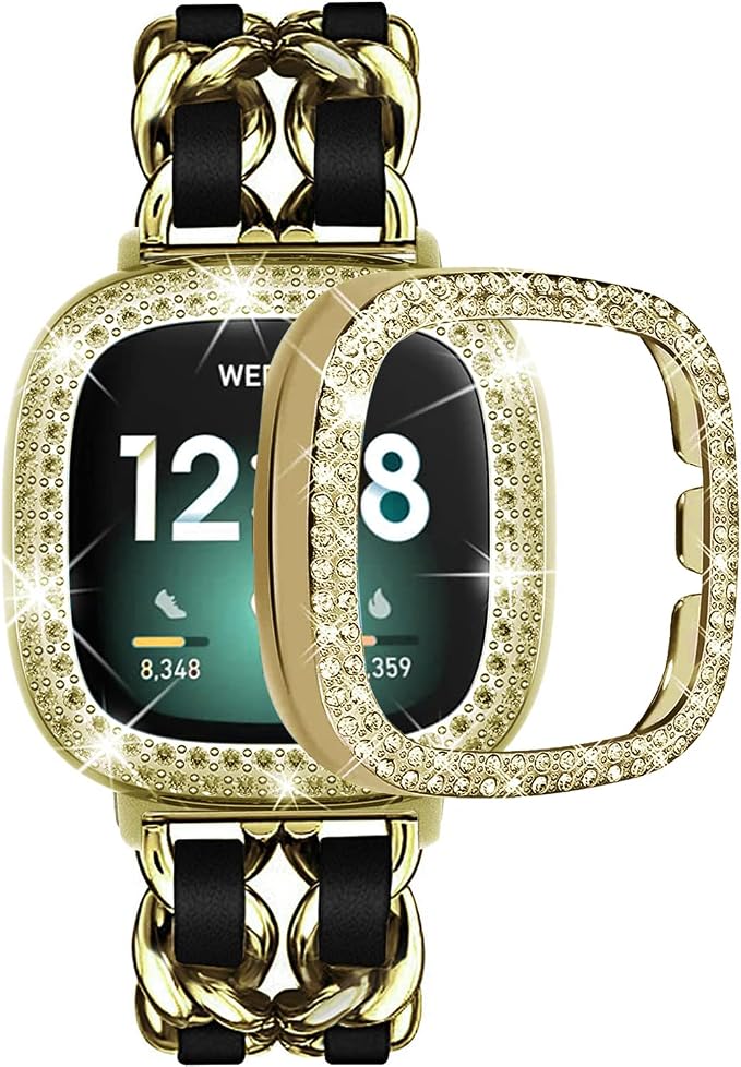 Stainless Steel Bands Compatible for Fitbit Versa 4/Fitbit Sense 2 Smartwatch With Bling Case Cover,Chic Leather Metal Wristband Accessories Strap for Women Bracelet (Gold, Versa 4/Sense 2)