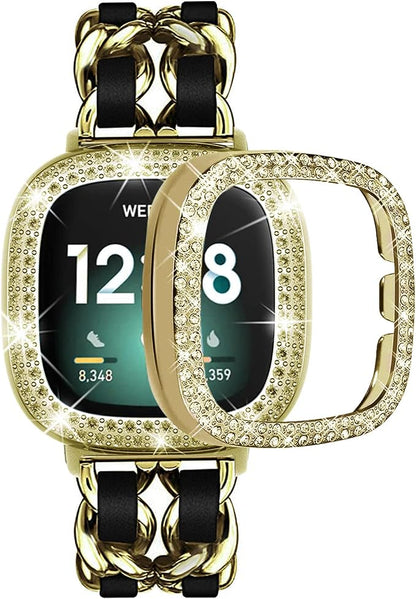Stainless Steel Bands Compatible for Fitbit Versa 4/Fitbit Sense 2 Smartwatch With Bling Case Cover,Chic Leather Metal Wristband Accessories Strap for Women Bracelet (Gold, Versa 3/Sense)
