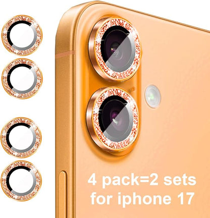 Compatible for iPhone 17/17 Pro/iPhone 17 Pro Max Camera Lens Protector Bling, Cute Sparkle Glitter Camera Cover for Women, Individual Ring, Anti-Scratch (3 Protectors + 1 Extra), Orange