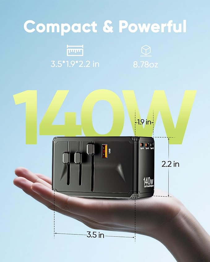 TenTrend Universal Travel Adapter, 140W International Power Adapter with 4 USB-C & 1 USB-A Ports, European Travel Plug Adapter, Worldwide Travel Essentials for EU UK AUS USA