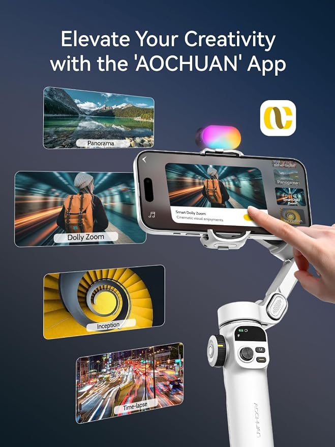 AOCHUAN Gimbal Stabilizer for iPhone w/RGB Magnetic Fill Light, Foldable Gimbal w/7.8' Extension Rod & OLED Display for Vlogging & Filmmaking, Compatible with iPhone 16/15 Pro Max-Smart X2 Kit White