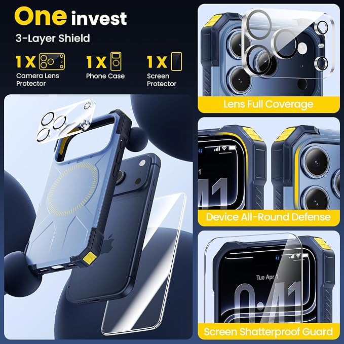 3 in 1 for iPhone 17 Pro Max Case,[1 Screen Protector & 1 Camera Lens Protector ],7X Military-Grade Drop Protection ,Fits MagSafe ,Tough, Rugged & Durable for Heavy Duty iPhone 17 Pro Max Case,Blue