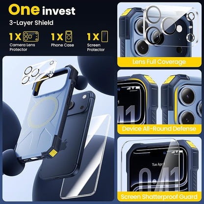 3 in 1 for iPhone 17 Pro Max Case,[1 Screen Protector & 1 Camera Lens Protector ],7X Military-Grade Drop Protection ,Fits MagSafe ,Tough, Rugged & Durable for Heavy Duty iPhone 17 Pro Max Case,Blue