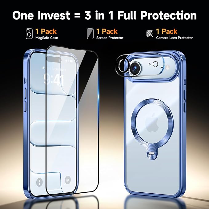 [Tri-Shield Protection] for iPhone Air Case with 360° Spin Stand Compatible with MagSafe [Magnetic CD Ring] [Screen & Camera Lens Protector] Shockproof Plating Never-Yellowing, Blue-6.5"