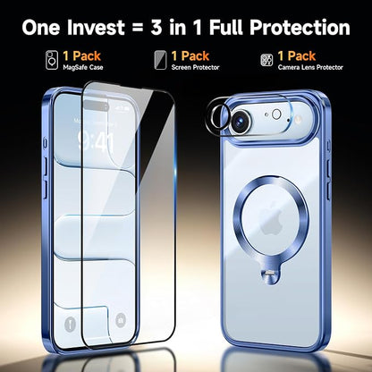 [Tri-Shield Protection] for iPhone Air Case with 360° Spin Stand Compatible with MagSafe [Magnetic CD Ring] [Screen & Camera Lens Protector] Shockproof Plating Never-Yellowing, Blue-6.5"