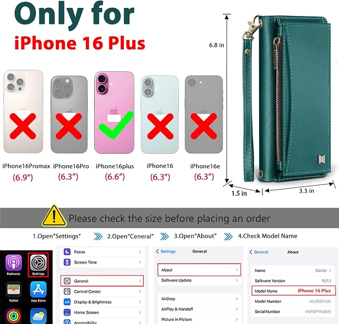 Wallet Case for iPhone 16 Plus with Card Holder/Crossbody Wallet/Strap| RFID Blocking | Magnetic | Kickstand | Detachable | PU Leather Phone Case for iPhone 16 Plus,6.7 in,Green