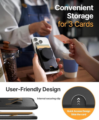 Sinjimoru for MagSafe Phone Grip, Compatible with MagSafe wallet, Soft Magnetic Finger Grip, with 3 Card Holder for iPhone, M-Tap Tok Wallet Black