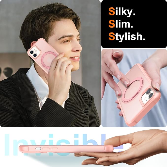 360° Magnetic Swivel Ring for iPhone 12 case, Built-in Metal Stand and Ring Holder, Magsafe Compatible, Military Grade Protection, Shock and Vibration Resistant- Pink