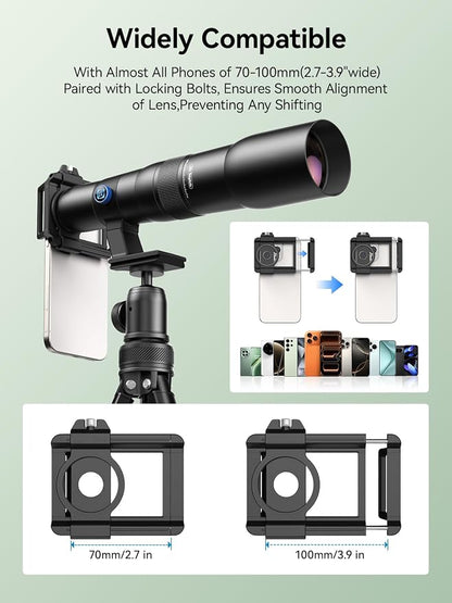 MIAO LAB 50X HD Ultra Telephoto Lens for iPhone and Most Smartphone, with Tripod & Universal Phone Clip, Suitable for Indoor and Outdoor Shooting and Watch Concert, Moon Viewing