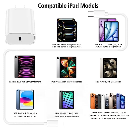 USB C Fast Charger for Apple iPad Pro 13/12.9/11 in 2026-2018,iPad 11th(A16),iPad Air 5th/Mini 7th,iPhone 17/16/15 Series,USB C Charger Fast Charging Adapter Wall Block with 6FT USBC to C Cable Cord