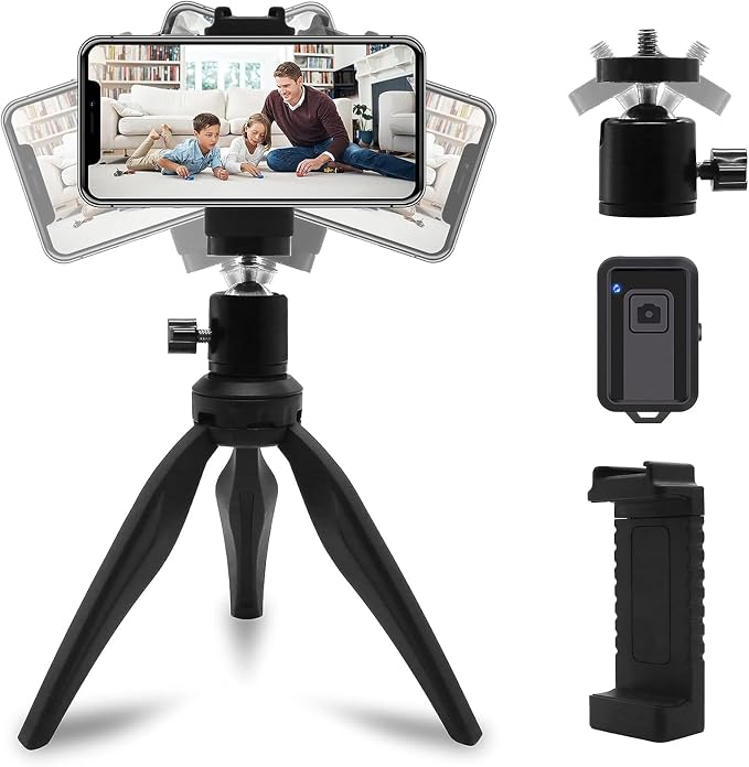 LINKCOOL Mini Phone Tripod, Lightweight Tabletop Travel Stand with 360° Metal Ball Head, Smartphone Mount & Remote Control for iPhone Samsung Cellphone Camera Gopro Small DSLR