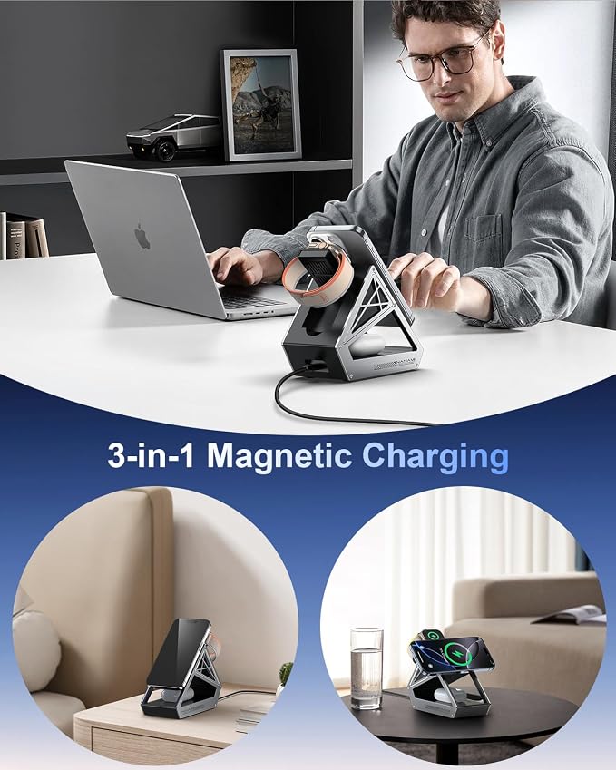 NANAMI Wireless Charging Station for Apple Watch, Qi2 Certified 3 in 1 15W Magnetic Wireless Charger Stand for iPhone 17/17 Air/16/15/14/13/12, AirPods 4/3/Pro/Pro 2, [Certified] Apple Watch Charger