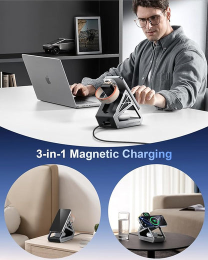 NANAMI Wireless Charging Station for Apple Watch, Qi2 Certified 3 in 1 15W Magnetic Wireless Charger Stand for iPhone 17/17 Air/16/15/14/13/12, AirPods 4/3/Pro/Pro 2, [Certified] Apple Watch Charger
