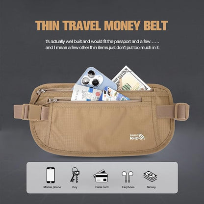 Unisex Money Belt For Men and Women, Slim Passport Holder RFID Blocking Travel Essentials Pouch with Adjustable Strap Small Waist Pouch for Workout Running Travelling Hiking (Beige 2 Packs)