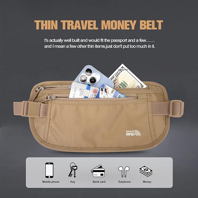 Unisex Money Belt For Men and Women, Slim Passport Holder RFID Blocking Travel Essentials Pouch with Adjustable Strap Small Waist Pouch for Workout Running Travelling Hiking, Beige