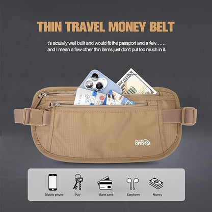 Unisex Money Belt For Men and Women, Slim Passport Holder RFID Blocking Travel Essentials Pouch with Adjustable Strap Small Waist Pouch for Workout Running Travelling Hiking, Beige
