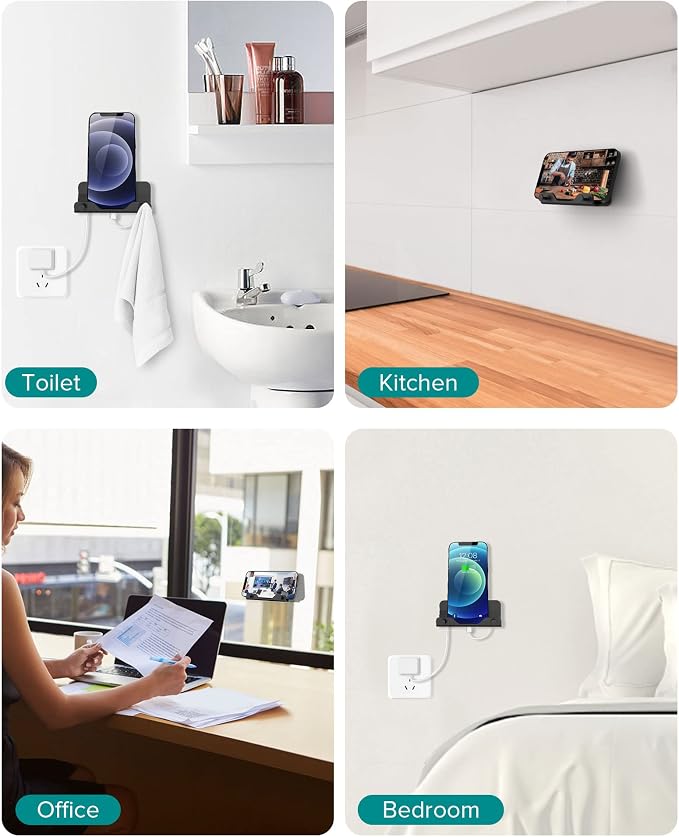 HomeMount Wall Phone Holder - Hands Free Wall Mount Phone Holder with Adhesive Strip Wall Mount Phone Holder for Bedroom Living Room Kitchen Compatible with All Phone or Mini ipad Black (1PCS)