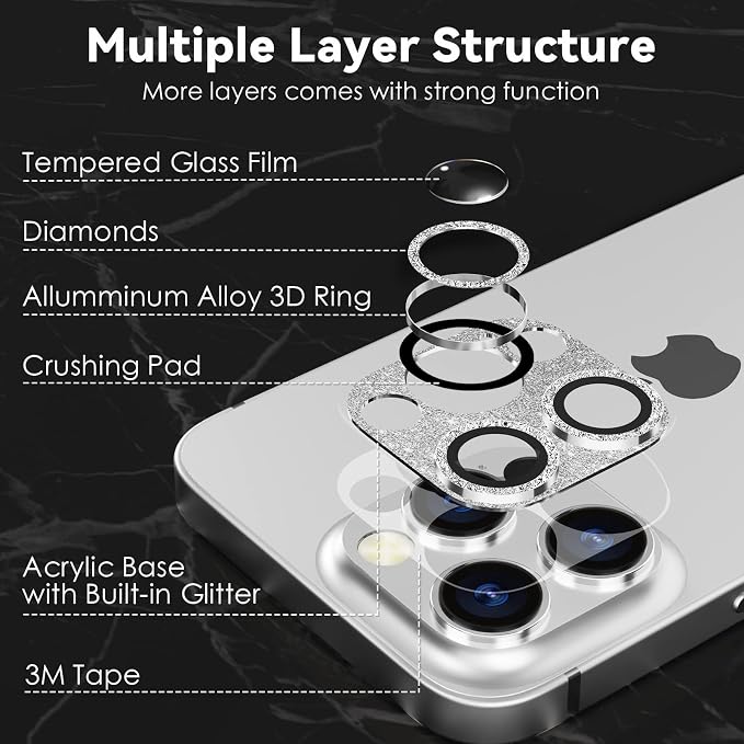 CloudValley for iPhone 14 Pro/iPhone 14 Pro Max Glitter Camera Lens Protector, 9H Tempered Glass [All in 1 Design], Case Friendly Anti-Scatch High Definition, GlitterSilver