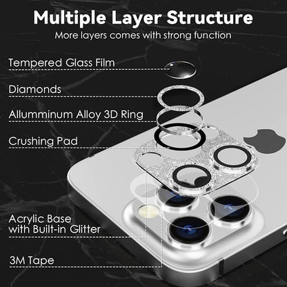 CloudValley for iPhone 14 Pro/iPhone 14 Pro Max Glitter Camera Lens Protector, 9H Tempered Glass [All in 1 Design], Case Friendly Anti-Scatch High Definition, GlitterSilver
