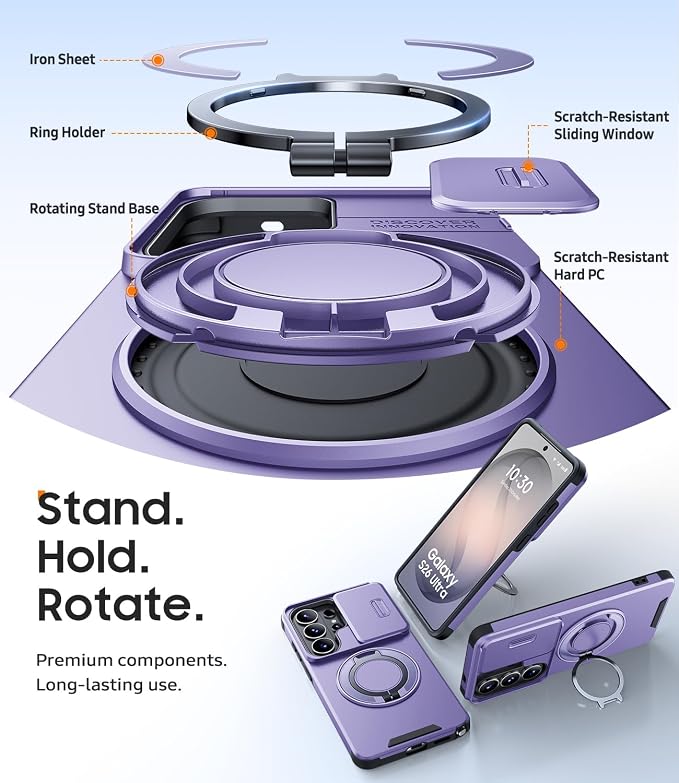 JAME for Samsung Galaxy S26 Ultra Case, Ring Holder Stand Kickstand, Slide Camera Cover with Screen Protector, Dual-Layer Shockproof Protective Magnetic Accessory Friendly S26 Ultra Phone Case, Purple