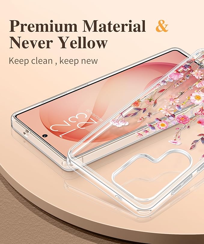 GVIEWIN for Samsung Galaxy S26 Ultra Case, Clear Floral Slim Shockproof Protective Women Phone Case, Non-Yellowing, with Screen Protector & Camera Lens Protector for S26 Ultra 6.9", Floratopia/Orange