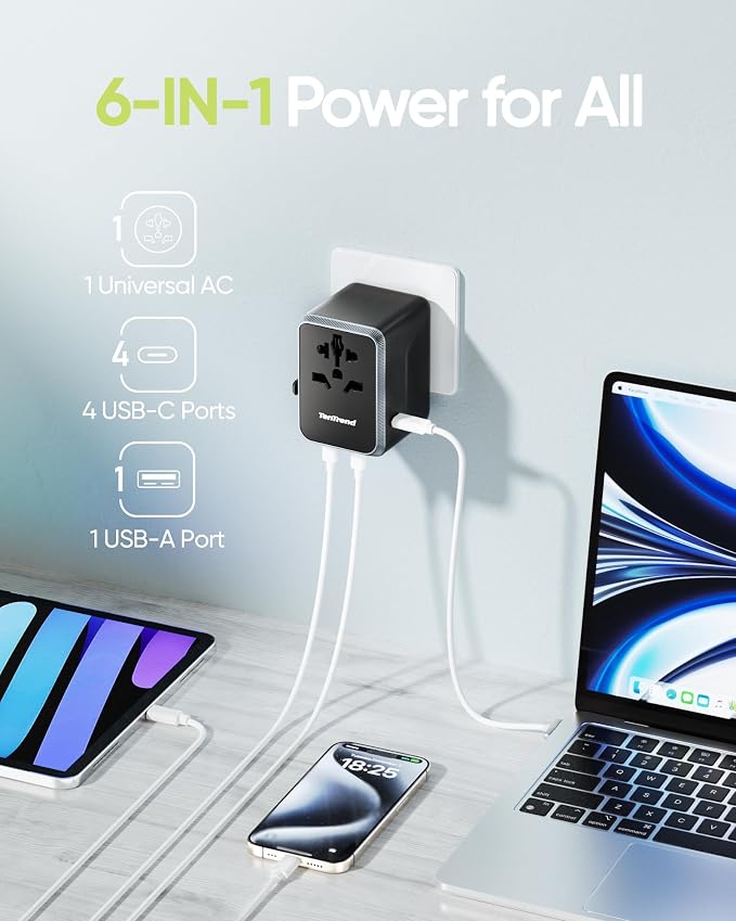 TenTrend Universal Travel Adapter, 45W International Power Adapter with 4 USB-C & 1 USB-A Ports, European Travel Plug Adapter, Worldwide Travel Essentials for EU UK AUS USA