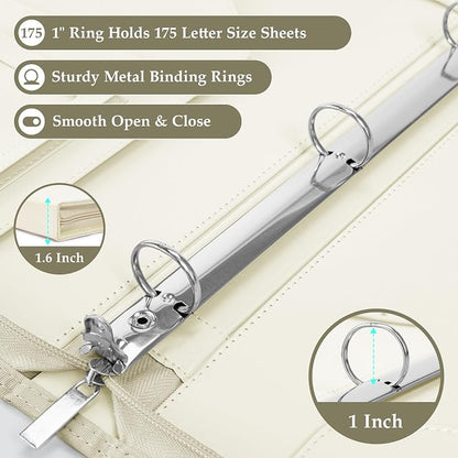 EYROZILL Zippered Leather 3 Ring Binder Organizer with Pockets – Business Portfolio Folder with Card Slots, Phone Holder, Pen Loop (Beige)