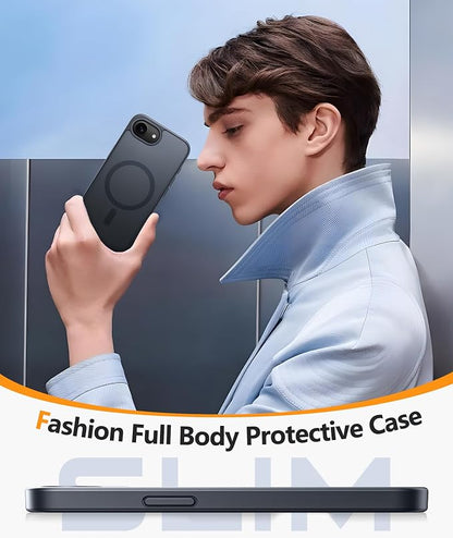 FNTCASE for iPhone 17e/ iPhone 16e Case, Fit for Magsafe, Screen Protector | Matte Magnetic Back, 14FT Military Grade Drop Protection, Shockproof Protective Phone Cover, Full Black