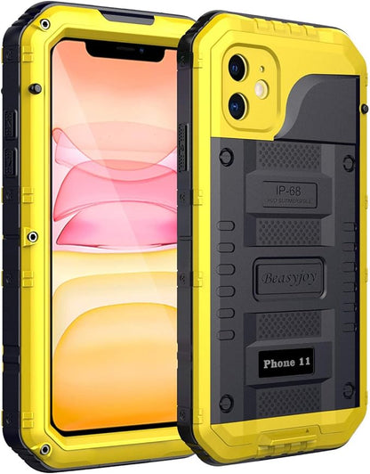 Beasyjoy Waterproof iPhone 11 Case - Metal Military Grade Defender with Built-in Screen Protector, Heavy Duty Rugged Shockproof Underwater Case (Yellow)