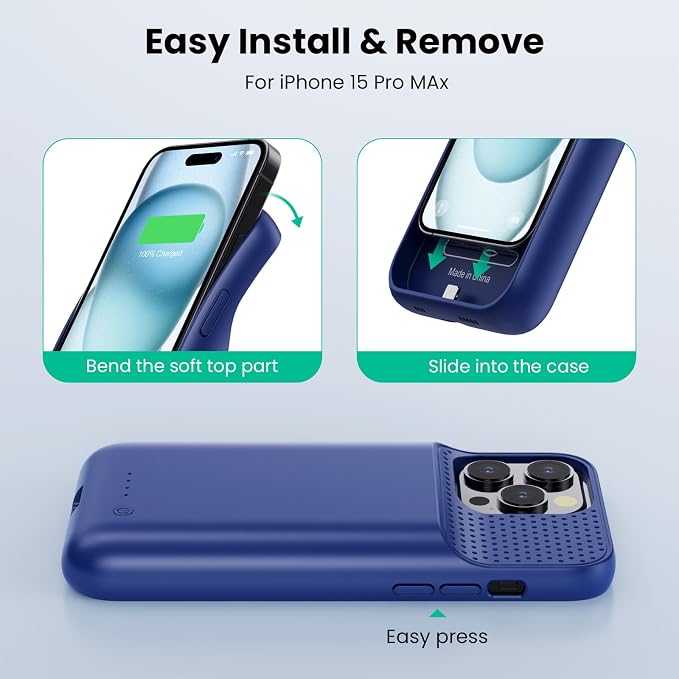 Battery Case for iPhone 15 Pro Max,Powerful 8600mah Ultra-Slim Protective Charging Case,15W Fast Charging Portable Rechargeable Expandable Battery Charger Cover for iPhone 15 Pro Max(6.7inch)-Blue