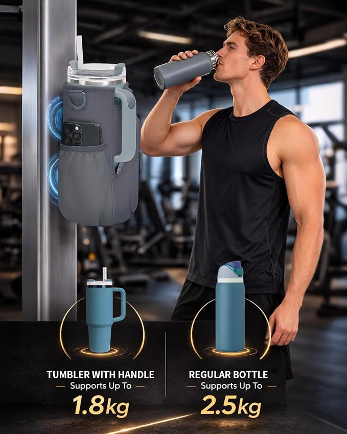 sportsnew Magnetic Gym Bag for Women Men, Water Bottle Carrier Holder with Strap & Phone Pockets for 40oz Tumbler with Handle, 4 Built-in Magnets Small Gym Bag for Sports, Workout, Fitness, Walking