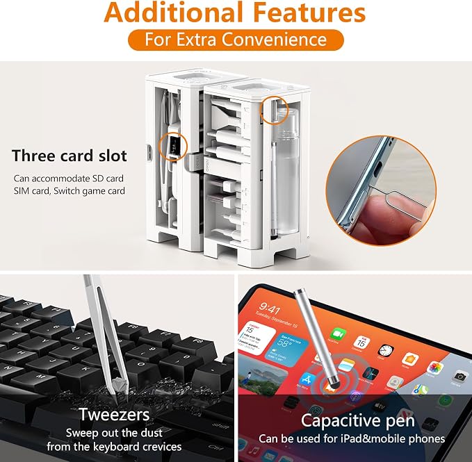 Cell Phone Cleaning Kit, iPhone Cleaning Kit for Charging Port Cleaner Keyboard Cleaning Kit for Airpods/Android/USB C/Earbuds/Laptop/iPad/Camera Lens with Stylus Pen (White, Brush Refill)