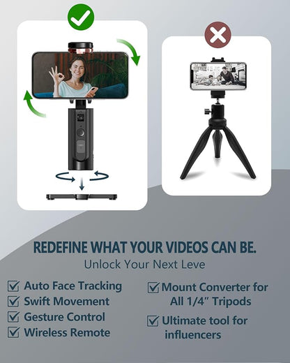 Auto-Tracking Phone Tripod, 360° Rotation Auto Face Tracking Tripod with Gesture & Remote Control, Cell Phone Tripod Stand for Recording, Universal 1/4-Inch Mount for Tripods/Selfie Sticks