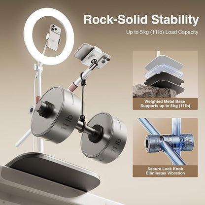 Overhead-Phone-Mount,Stable Overhead-Camera-Mount-Stand [Anti-Shaking] with 10.5" Ring Light, Flexible Desk-Stand for iPhone with Ring-Light for Video-Recording,Zoom Meeting,YouTube,TikTok, White