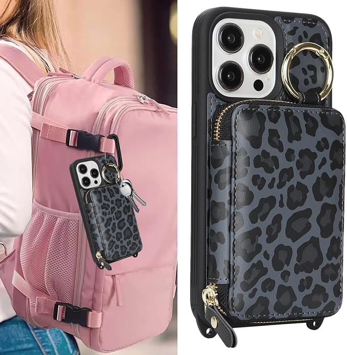 Crossbody Wallet Case for iPhone 14 pro, PU Leather Zipper Handbag Purse Flip Cover, Kickstand Folio Case with Card Slots Holder Wrist Strap Lanyard 5G 6.1 Inch-Black Leopard