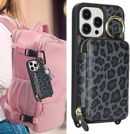Crossbody Wallet Case for iPhone 14 pro, PU Leather Zipper Handbag Purse Flip Cover, Kickstand Folio Case with Card Slots Holder Wrist Strap Lanyard 5G 6.1 Inch-Black Leopard