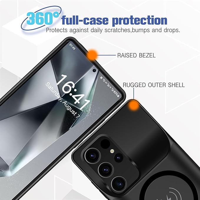 Battery Case for Galaxy S24 Ultra, 12000mAh High Capacity Portable Charger Rechargeable Smart Battery Pack Compatible with Galaxy S24 Ultra 6.8 inch Charging Case Support Wireless & Carplay - Black