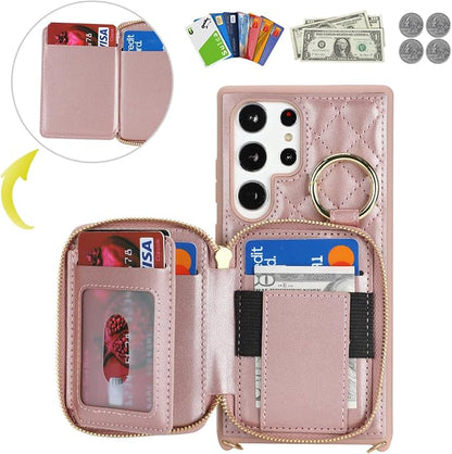 Crossbody Wallet Case for Galaxy S23 Ultra, PU Leather Zipper Handbag Purse Flip Cover, Kickstand Folio Case with Card Slots Holder Wrist Strap Lanyard -Rose Gold