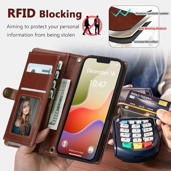 Wallet Case for iPhone 14 Plus with Card Holder/Crossbody Wallet/Strap| RFID Blocking | Magnetic | Kickstand | Detachable | PU Leather Phone Case for iPhone 14 Plus,6.7 in,Brown