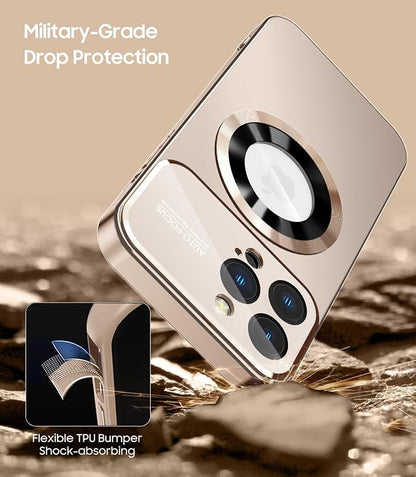 Magnetic for iPhone 15 Pro Max Case, Compatible with MagSafe, Built-in Camera Lens Protector, Logo View, Military Grade Drop Proof Phone Cover, Desert Titanium