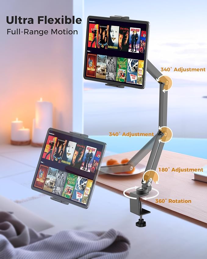 Foldable Flexible Tablet Stand Holder for Desk, 360° Adjustable iPad Arm Mount, Portable Monitor 15.6 Stand, Premium Phone Holder Compatible with iPad 13/12.9/11 Mini/10/9th, Samsung, Kindle