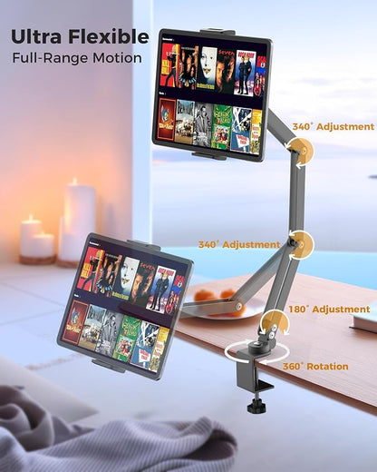 Foldable Flexible Tablet Stand Holder for Desk, 360° Adjustable iPad Arm Mount, Portable Monitor 15.6 Stand, Premium Phone Holder Compatible with iPad 13/12.9/11 Mini/10/9th, Samsung, Kindle