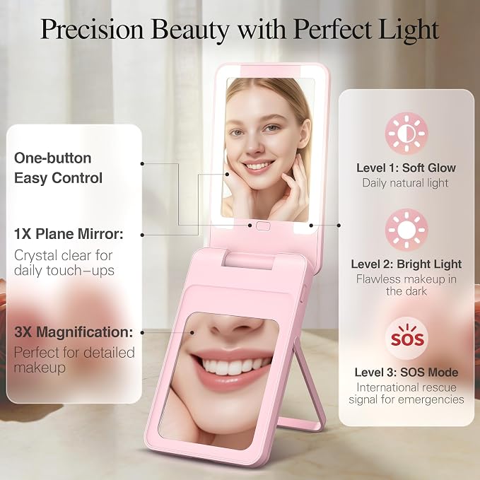 Magnetic Wireless Power Bank 5-in-1, 5000mAh Portable Charger with LED Mirror, Phone Stand, Card Holder & Bluetooth Remote, 20W Fast Charging for iPhone & Android, Travel Essential for Women