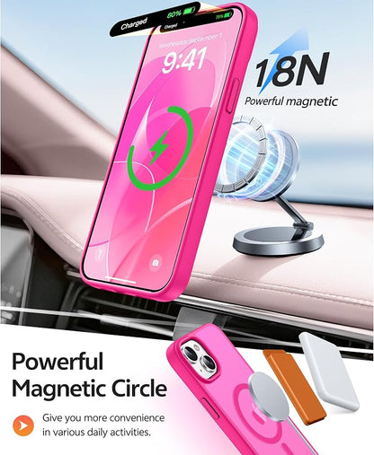 FNTCASE for iPhone 15 Plus Case: for iPhone 14 Plus Case [Compatible with Magsafe] Translucent Matte Cases with [Screen Protector] Military Grade Shockproof Protective Phone Cover - Hot Pink