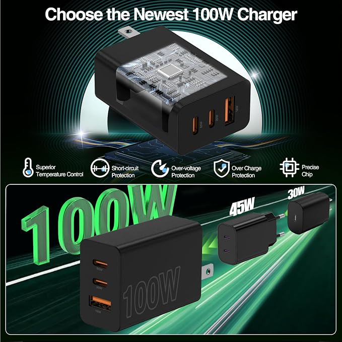 65W Super Fast Charger Type C for Samsung,3 Port 100W PD Quick Charging 3.0 USB C Charger Block & 3/6/10/10FT Braided Type C Cord for Samsung Galaxy S26 Ultra/S26/S25 Ultra/S24/Android/iPhone 17